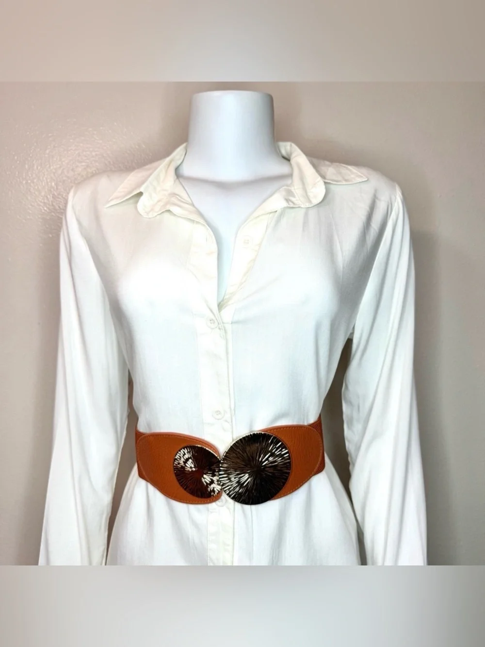 Camel PU leather elastic waistband belt with gold tone buckle